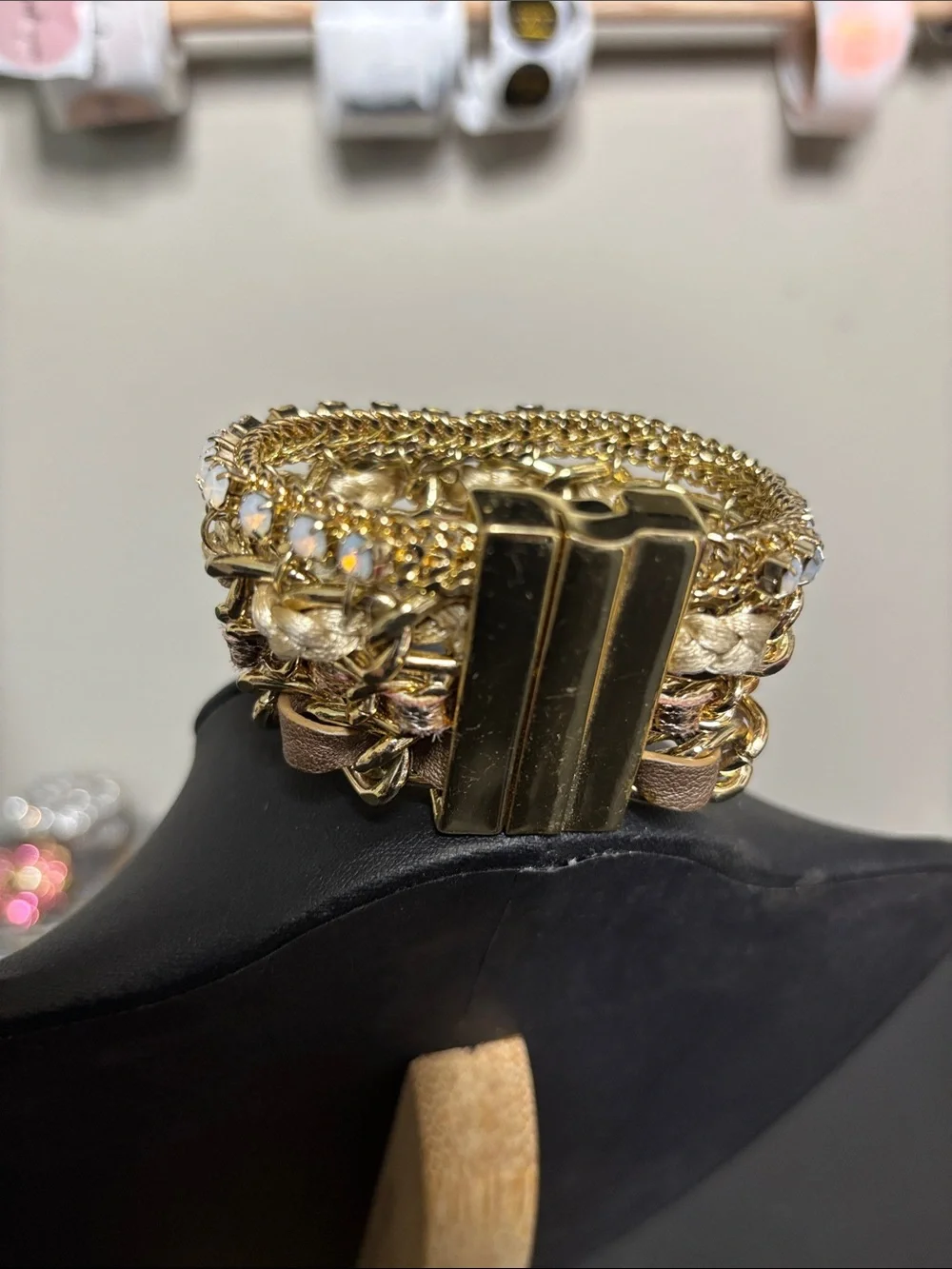 Multilayer Mixed Media Gold Tone Rhinestone Chain Leather Wrap Bracelet